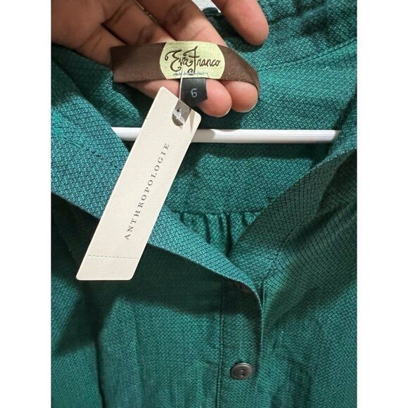 Anthropologie NWT Green Ruffle Sleeve Button Down Dress Boho Dainty Cottage Chic - Picture 7 of 9